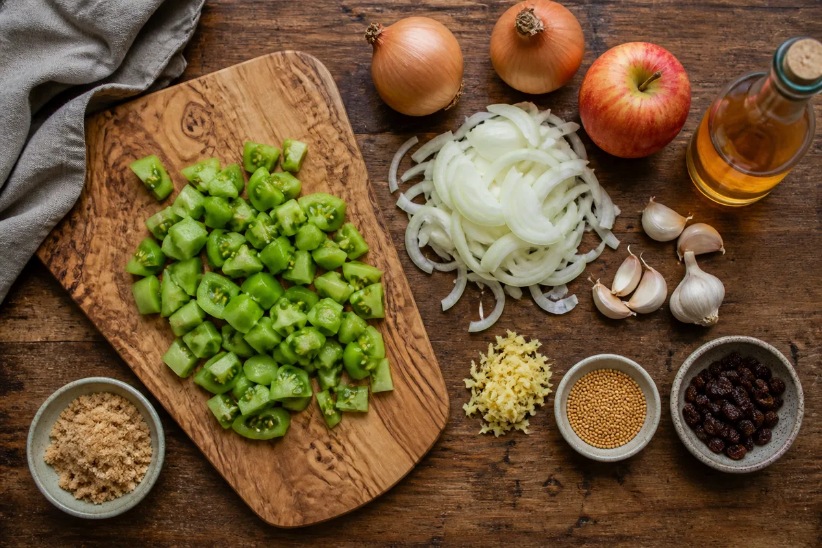 Ingrédients du chutney disposés sur un plan de travail en bois, tomates vertes coupées et épices