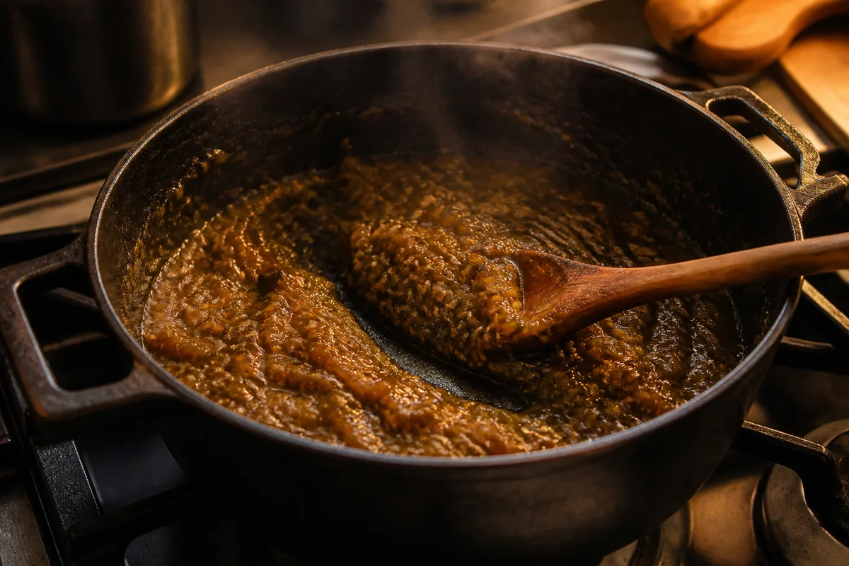 Cocotte de chutney en fin de cuisson, mélange épais brun-vert remué à la cuillère en bois