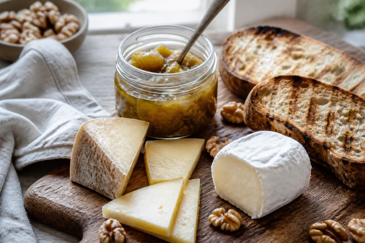 Planche de service avec pot de chutney ouvert, fromages affinés et pain de campagne tranché
