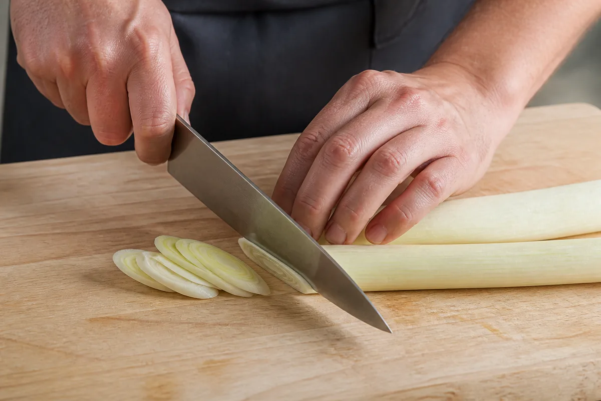 Mains taillant des demi-lunes de poireau au couteau de chef sur un plan de travail clair