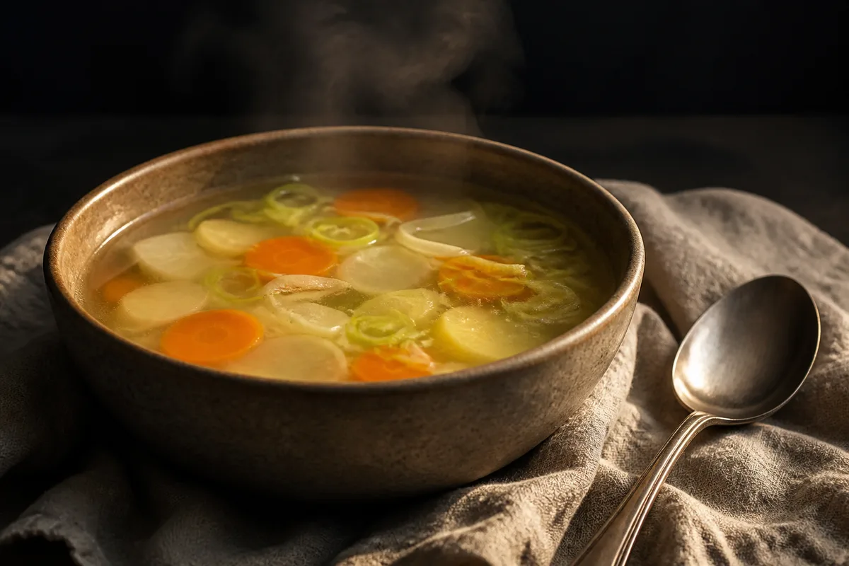 Bol de potage taillé aux légumes en paysanne, vapeur montante, lumière rasante