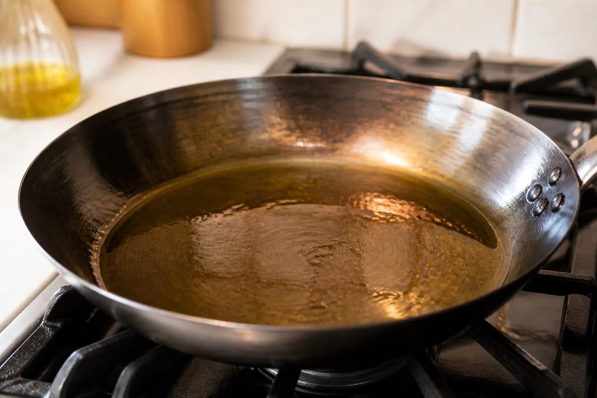 Poêle en acier avec un filet d&rsquo;huile d&rsquo;olive dorée chauffant sur une cuisinière