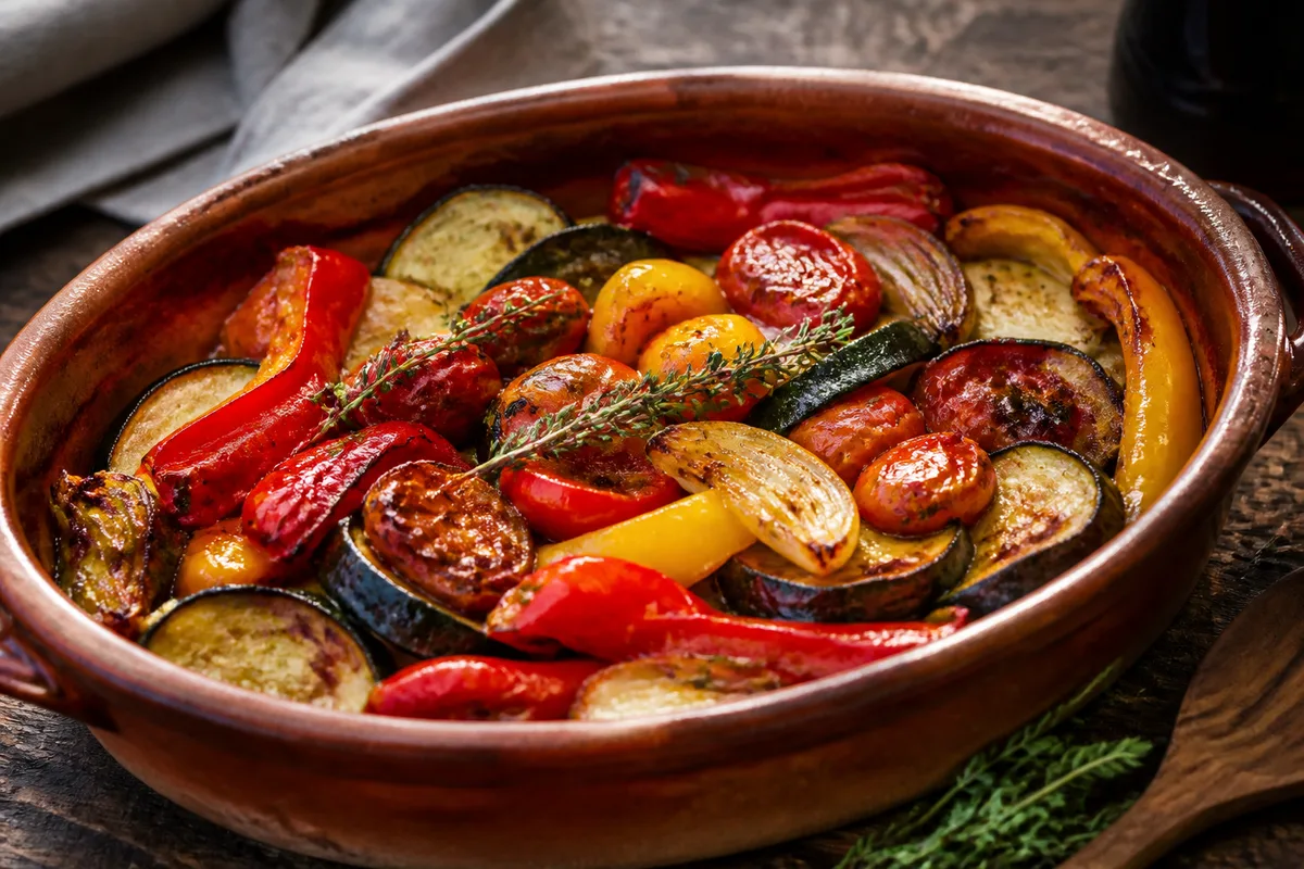 Légumes du soleil rôtis au four, brillants d&rsquo;huile d&rsquo;olive dans un plat en terre cuite
