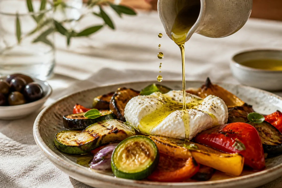 Filet d&rsquo;huile d&rsquo;olive versé à cru sur une assiette de légumes et de fromage frais