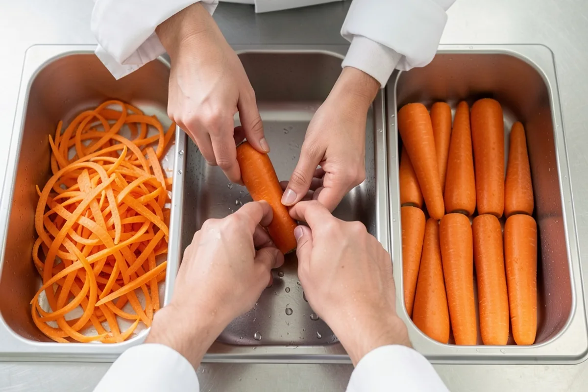 Mains de cuisinier épluchant des carottes au-dessus d&rsquo;un bac gastro, pelures d&rsquo;un côté et légumes nets de l&rsquo;autre