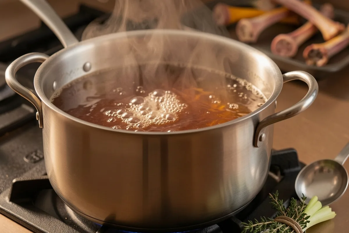 Casserole de fond qui frémit sur un piano de cuisson, louche en inox et bouquet garni posés à côté