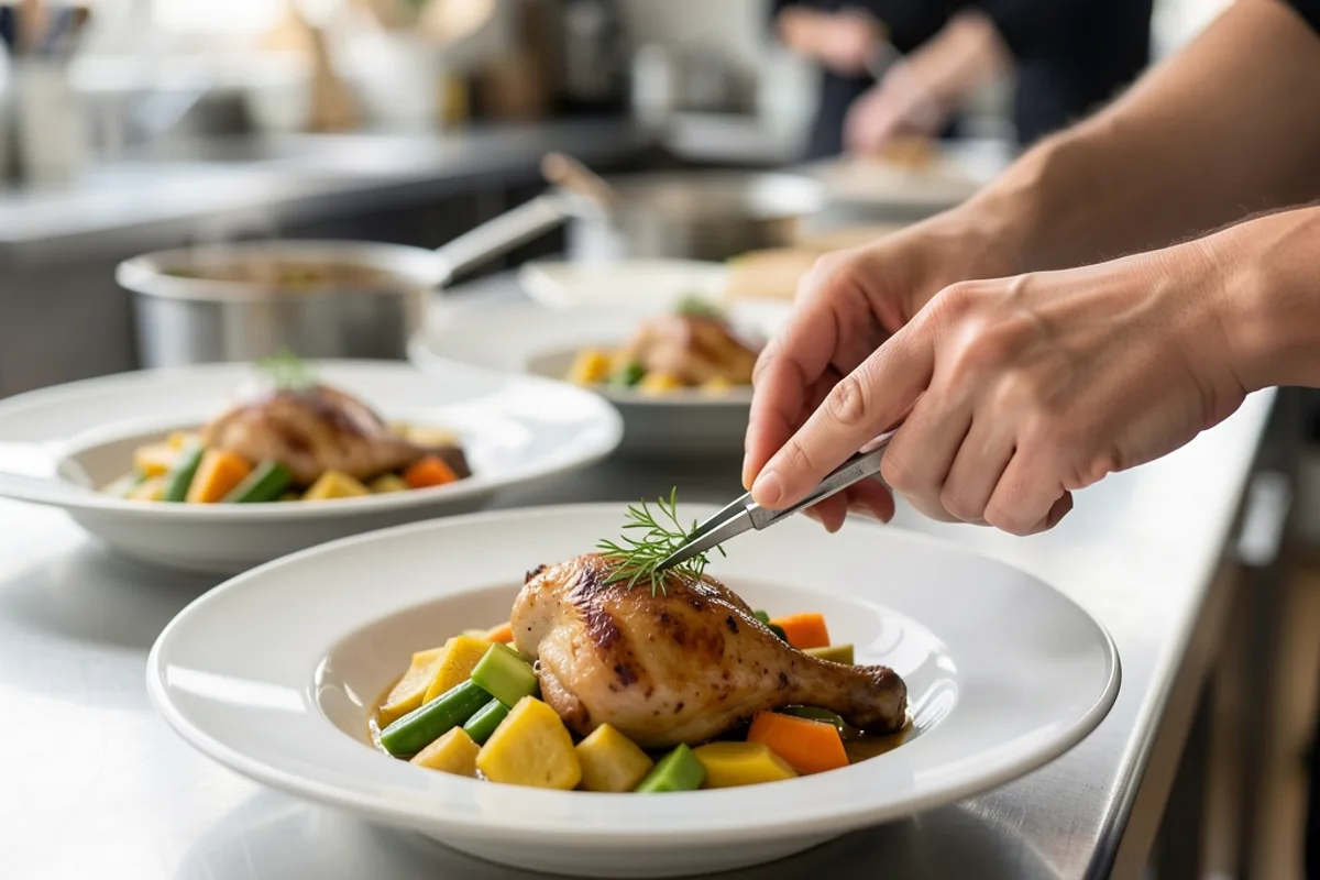 Passe d&rsquo;une cuisine avec trois assiettes dressées à l&rsquo;identique, mains ajustant une garniture à la pince