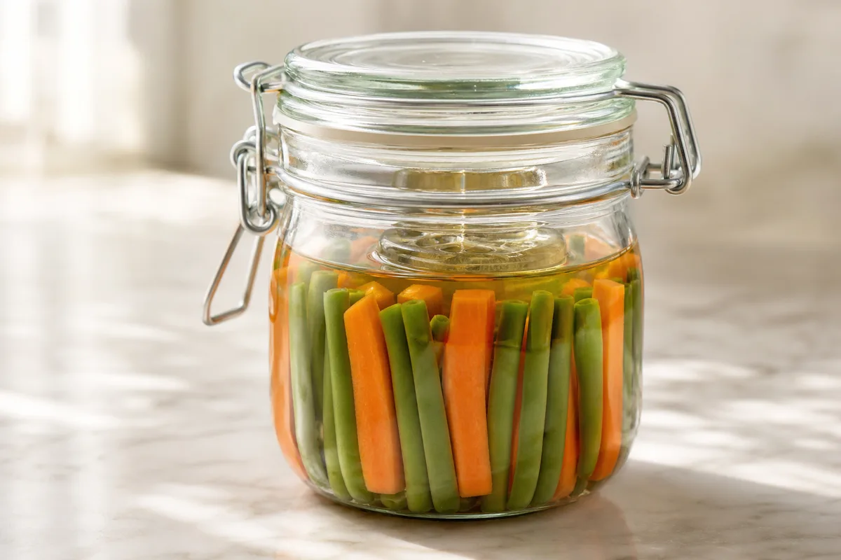 Bocal en verre rempli de légumes en bâtonnets recouverts de saumure claire