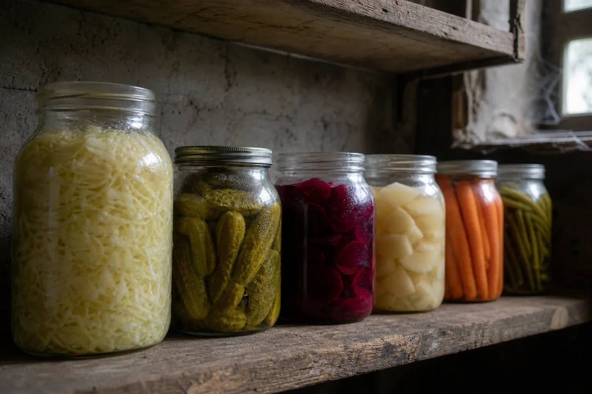 Assortiment de bocaux de légumes fermentés alignés sur une étagère en bois