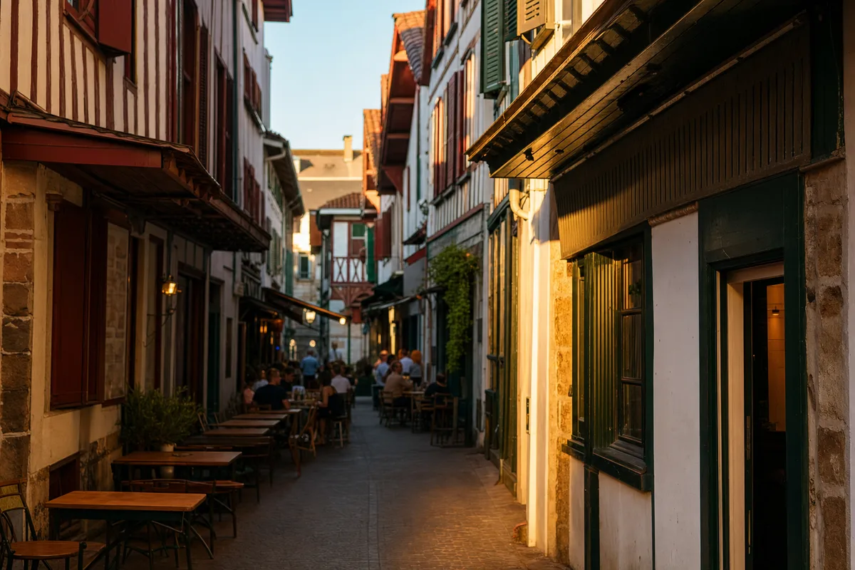 Ruelle du Petit Bayonne avec des terrasses de restaurants en fin de journée