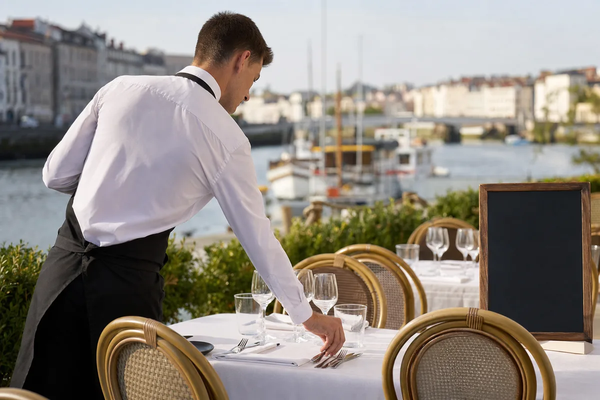 Serveur dressant les tables d&rsquo;une terrasse de restaurant au bord de l&rsquo;Adour