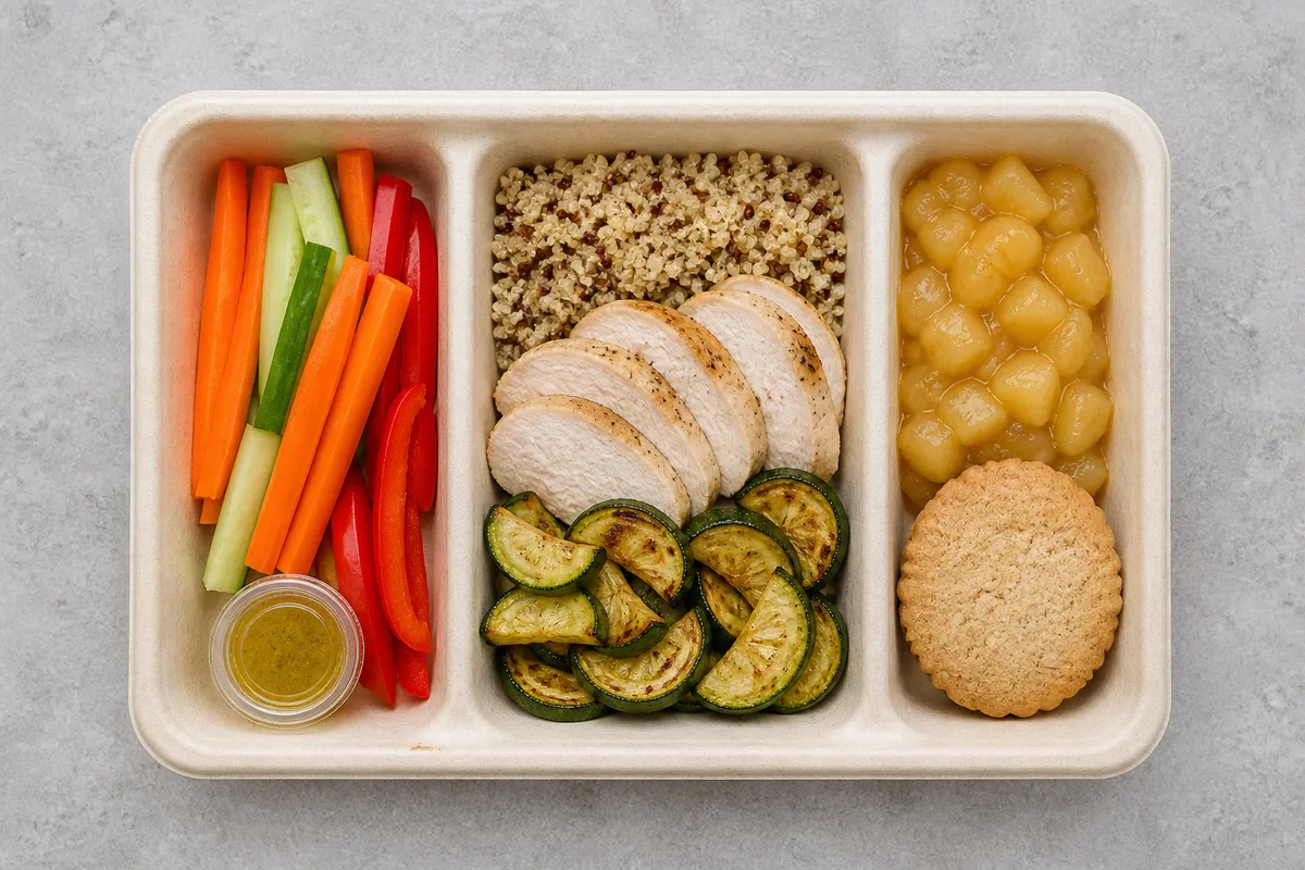 Plateau repas équilibré dressé en compartiments avec entrée, plat et dessert