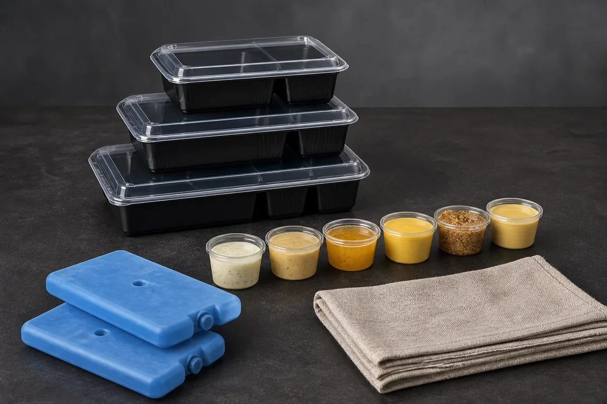Contenants compartimentés et godets à sauce prêts pour un transport au frais