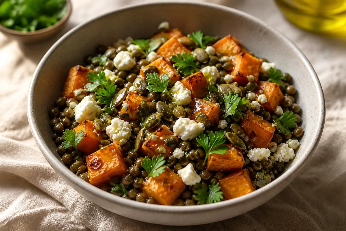 Salade de lentilles et légumes rôtis froids en portion individuelle
