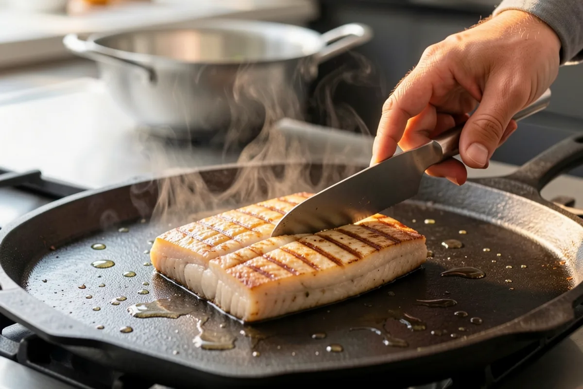 Pavé de lotte doré marqué au grill sur une plancha en fonte, spatule tenue par une main de cuisinier