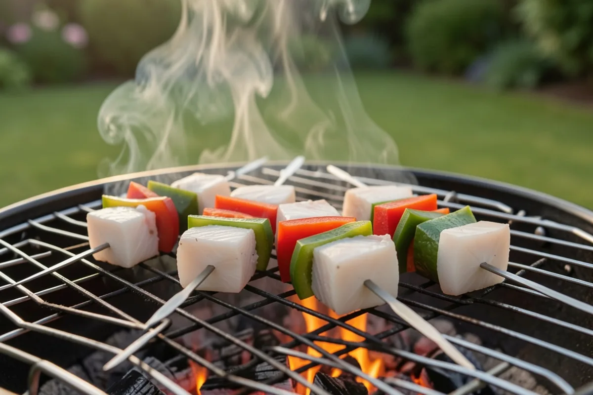 Brochettes de cubes de poisson et de poivrons sur une grille de barbecue, fumée légère