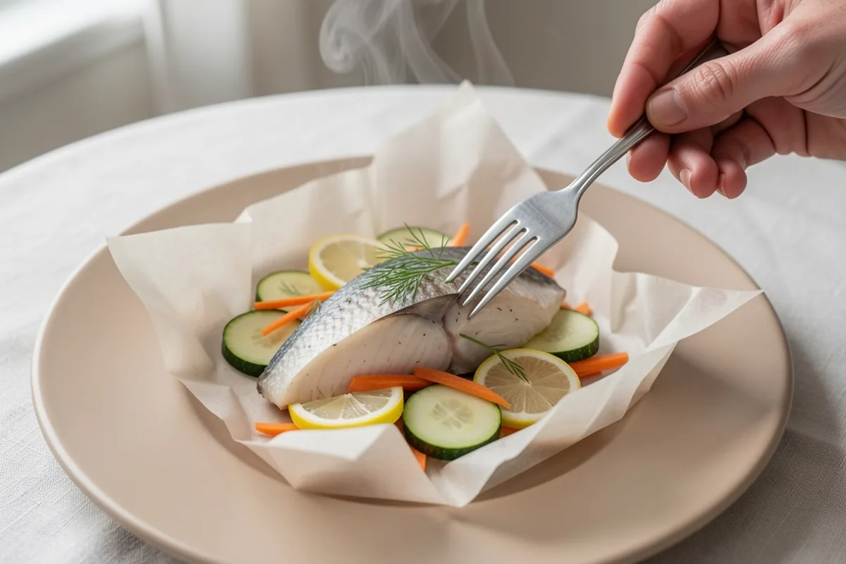 Papillote ouverte de poisson blanc aux légumes et aux herbes, fourchette écartant la chair