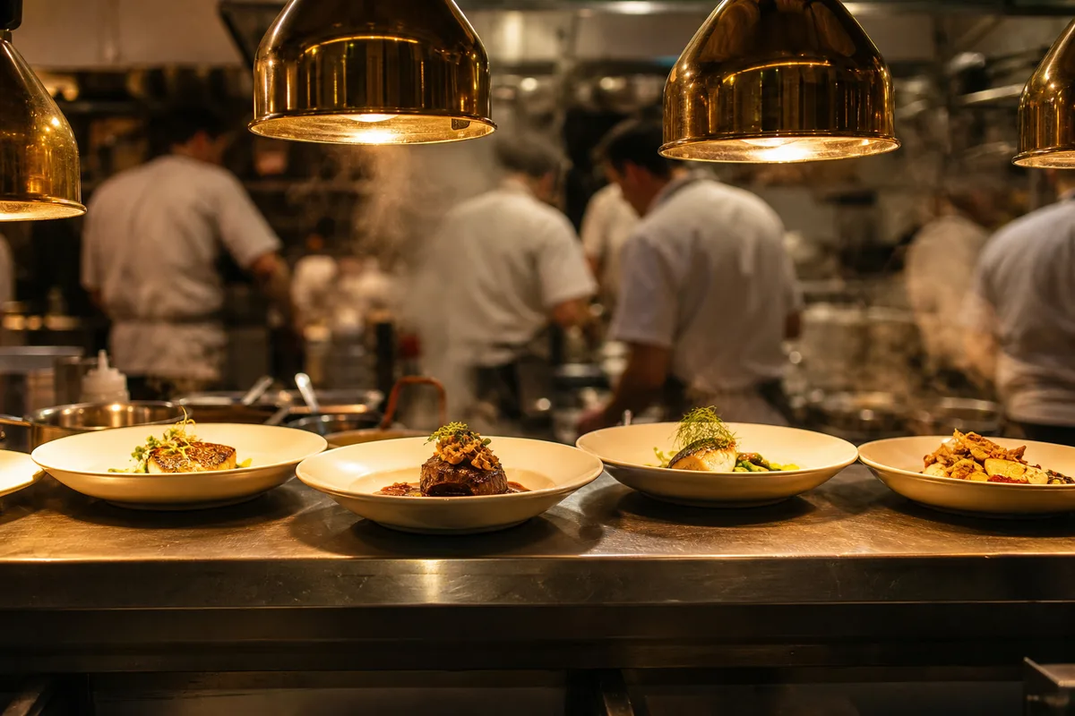 Passe d&rsquo;une cuisine professionnelle en plein service, assiettes dressées sous les lampes chauffantes